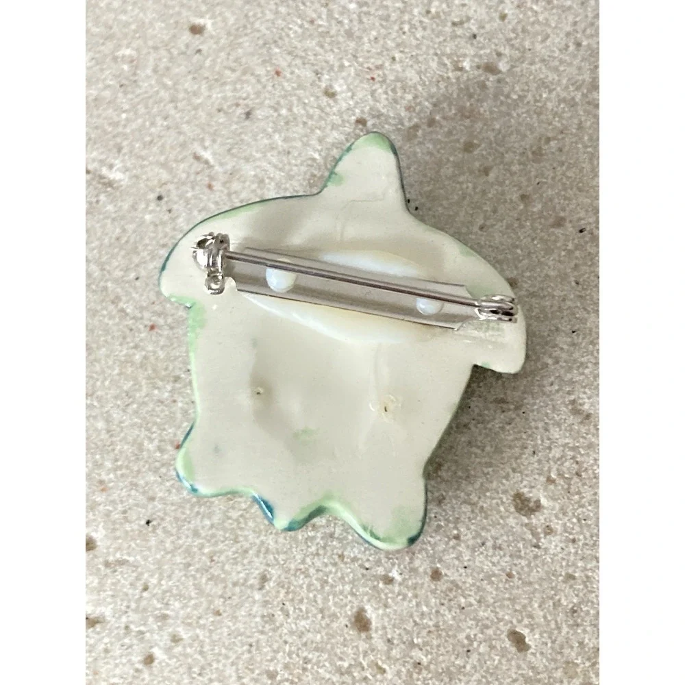 Hand Painted Sea Turtle Brooch Ceramic Green‎ Pink Purple Animal Beachy Coastal